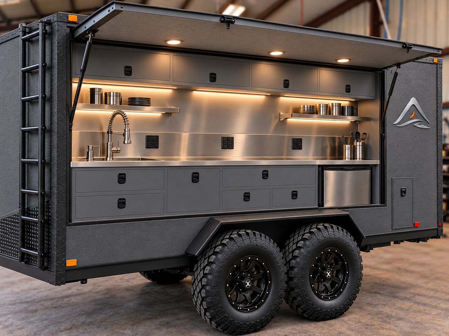 ORYN unit with the side wall lifted over the galley, concept rendering