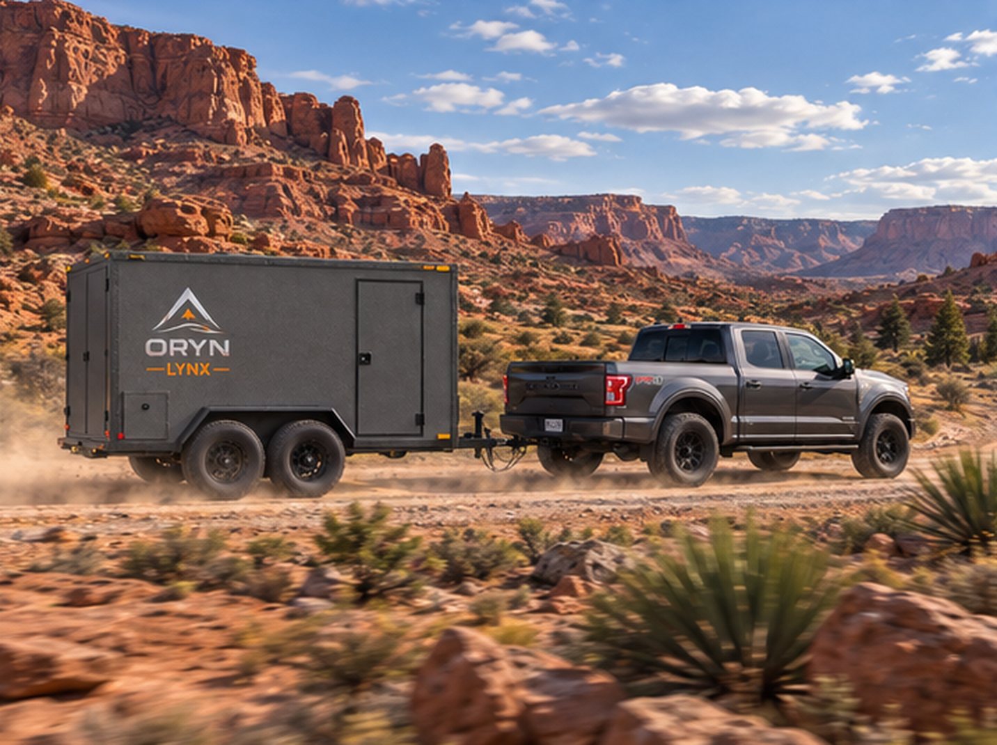 ORYN LYNX towed behind a pickup on a desert trail, concept rendering